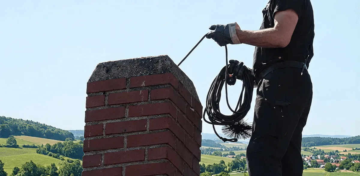 Chimney sweep inspecting and cleaning a rooftop chimney in Cedar Rapids, IA