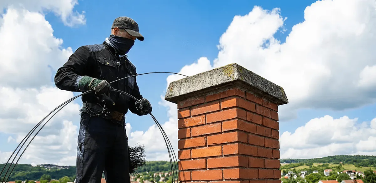 Chimney sweep cleaning a brick chimney with professional tools in Cedar Rapids, IA